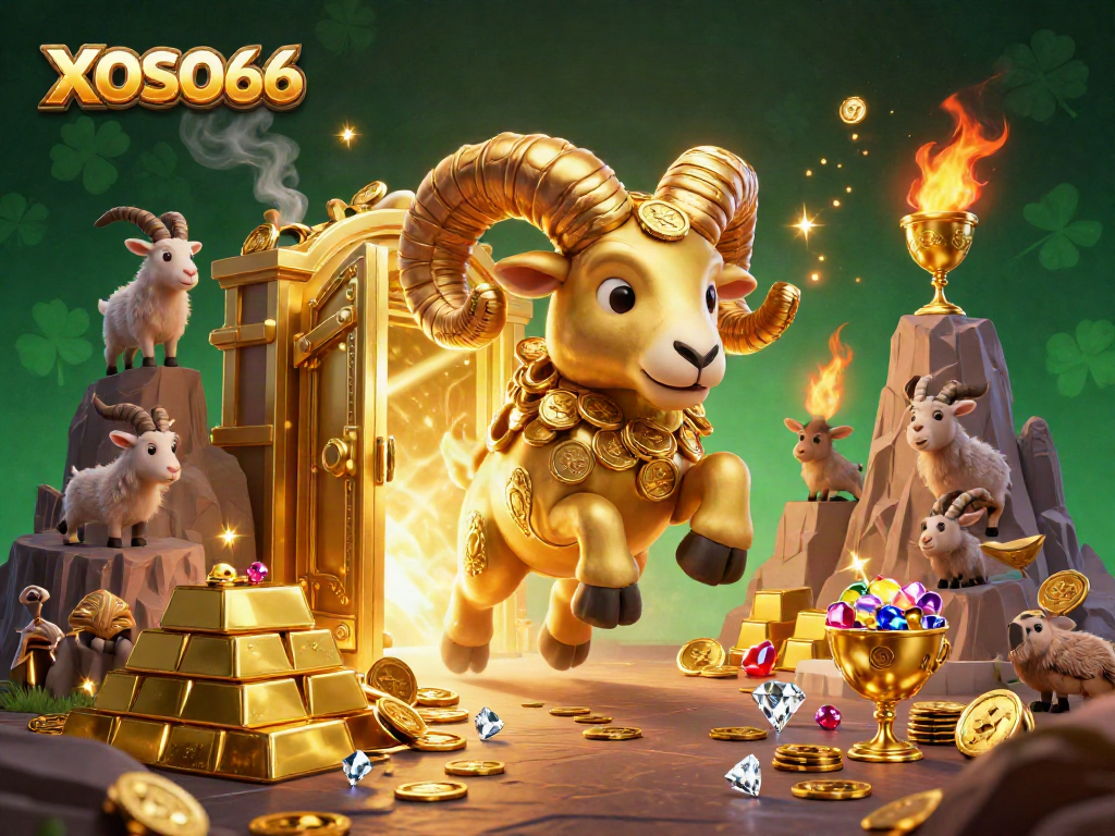 XOSO66 features a golden ram charging through a treasure vault, celebrating online gambling excitement.