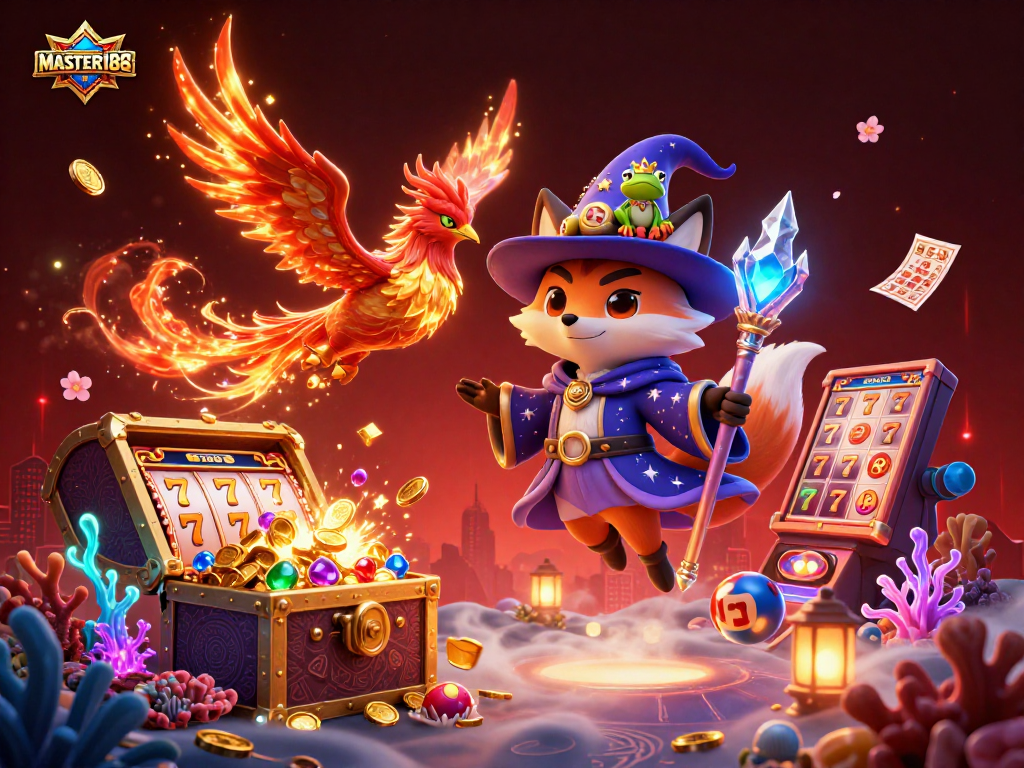 Experience the vibrant world of MASTER188, featuring stunning 3D illustrations of magical characters and thrilling gaming elements.
