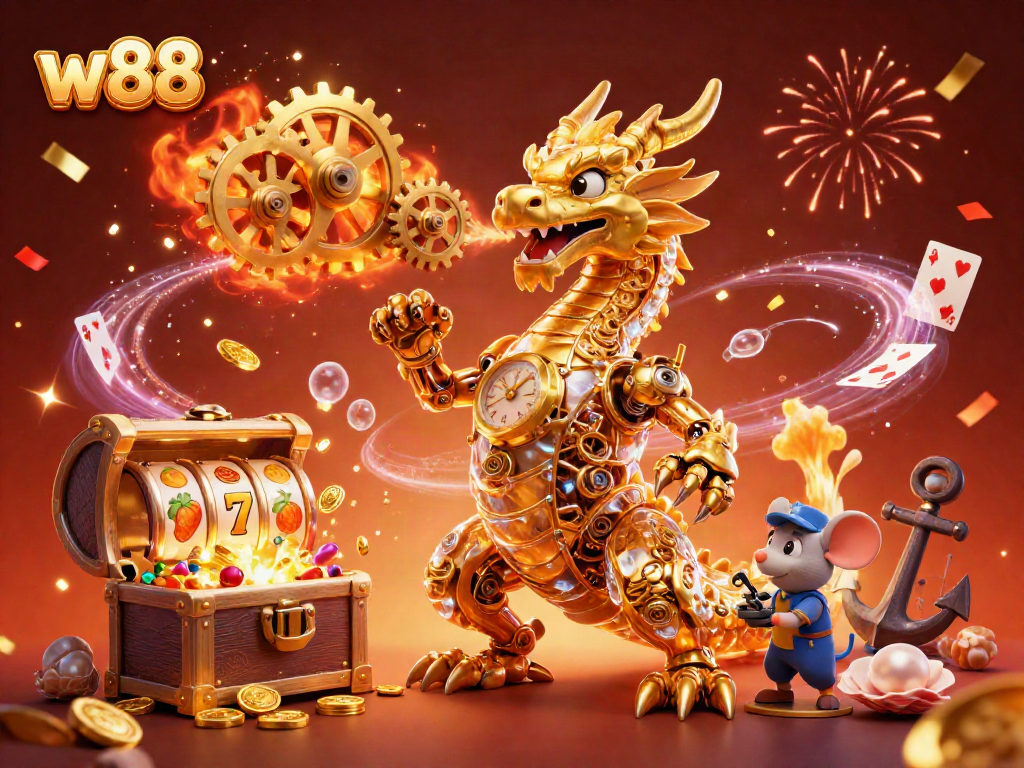 w88 brand engaging with players in exciting slot games amid vibrant casino atmosphere.