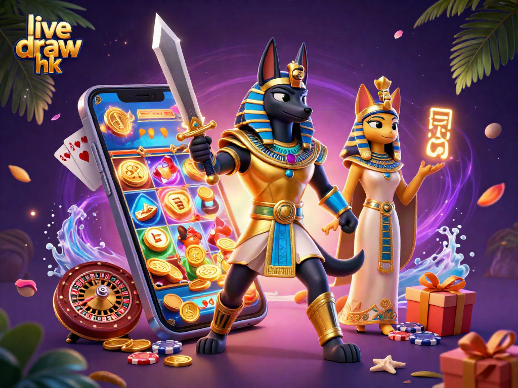 Engage with the excitement of live draw hk showcasing Anubis and Bastet in a vibrant casino scene.
