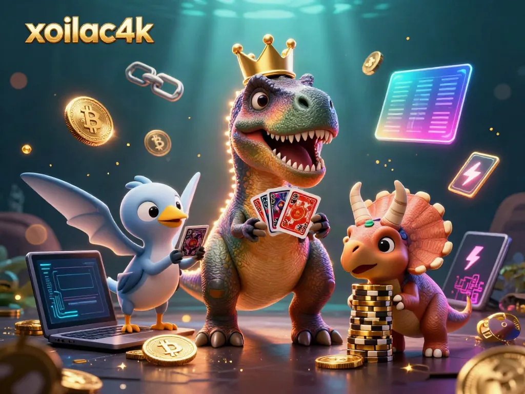 Experience thrilling action at xoilac4k with dinosaurs playing cards and stacking golden chips.