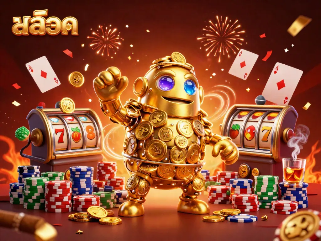 Experience the exciting world of สล็อต with dynamic characters and vibrant casino elements in a stunning illustration.