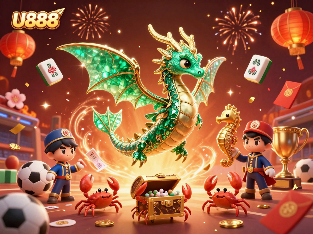 Experience thrilling sports betting with U888's vibrant scene featuring magical dragons and dynamic game elements.