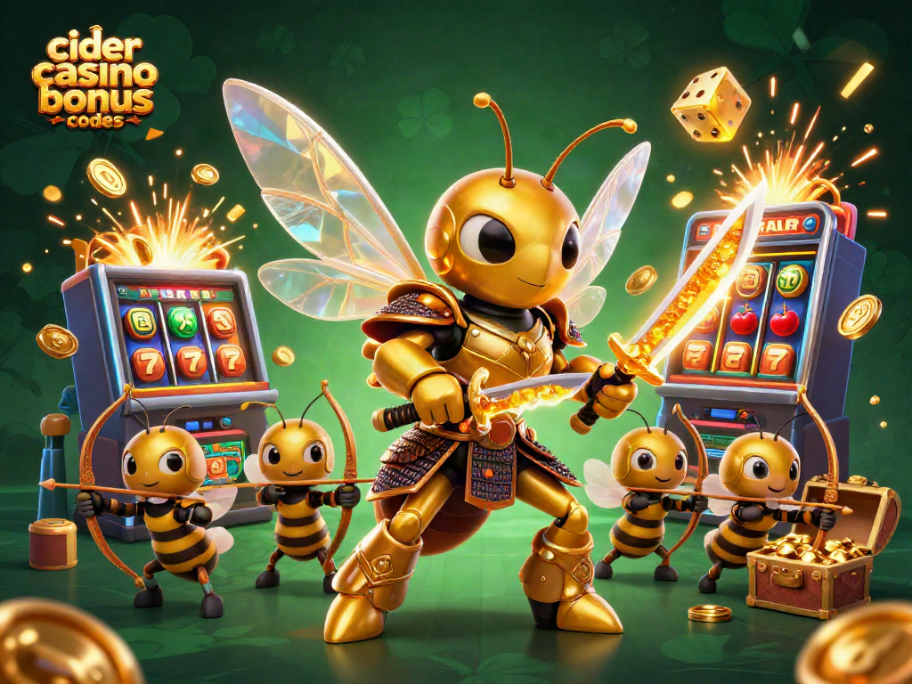 Engage with exciting cider casino bonus codes while a golden hornet leads a dynamic casino adventure.