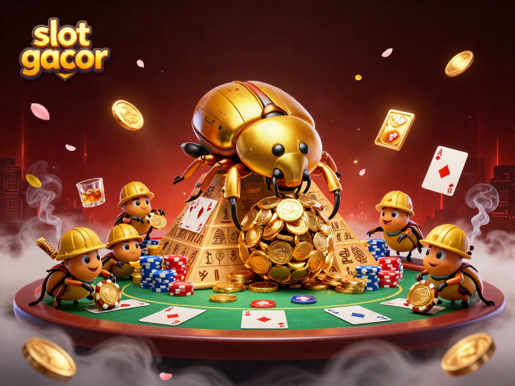 Engage with slot gacor as the golden beetle rolls coins, thriving in a bustling casino atmosphere.