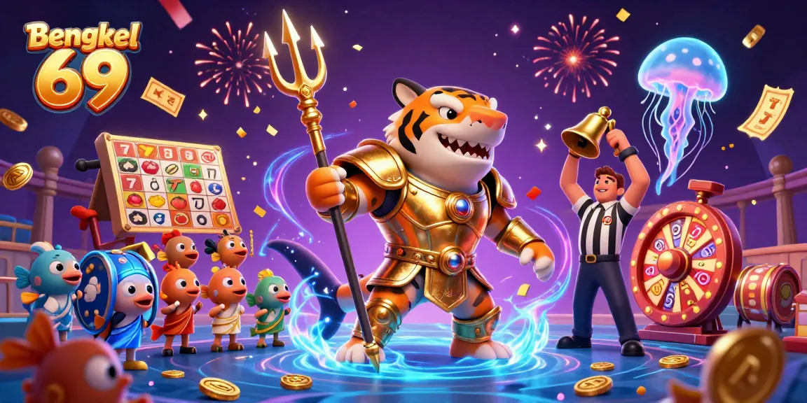 Bengkel 69 showcases an underwater 3D casino scene featuring a tiger shark in gladiator armor.
