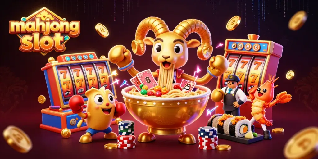 Engage with mahjong slot action featuring a golden ramen bowl character with dynamic casino elements.