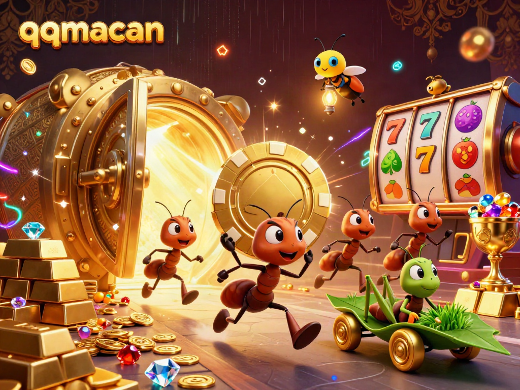 Experience the thrilling qqmacan heist with ants, poker chips, and sparkling casino treasures.