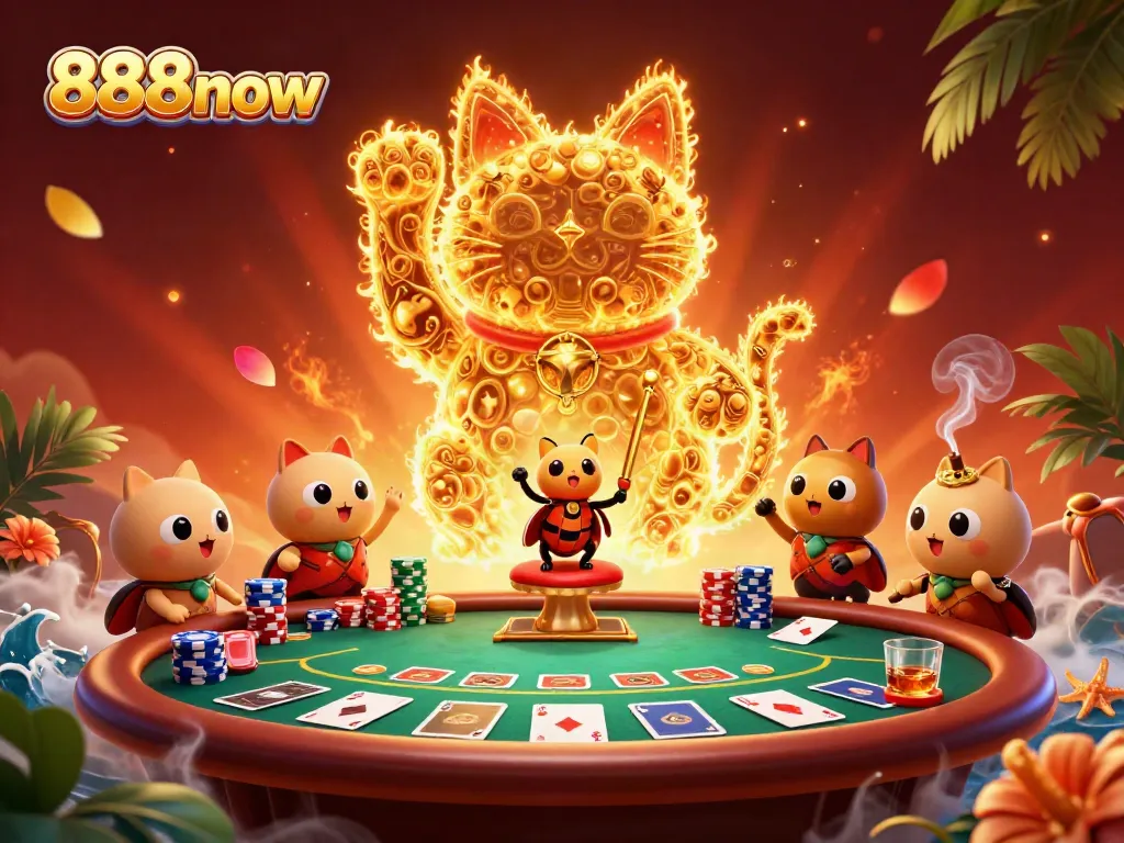 Engage in thrilling gaming at 888now with a vibrant lucky cat and casino symbols design