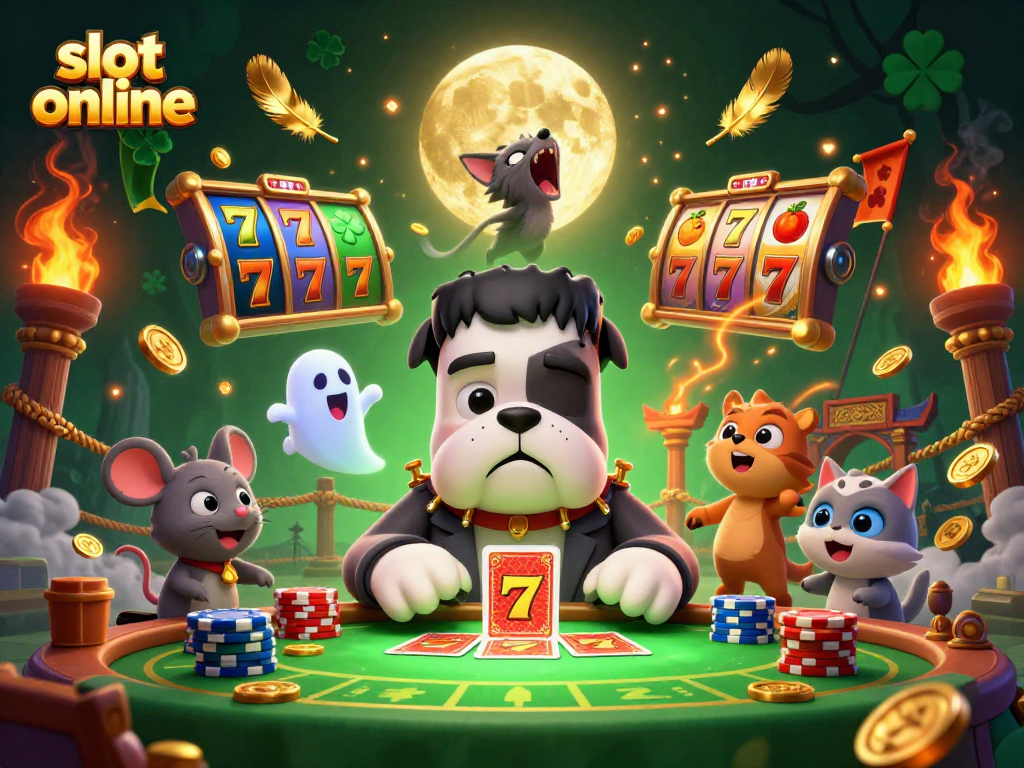 Visualisasi slot online dengan monster bulldog dan elemen permainan keberuntungan lainnya.