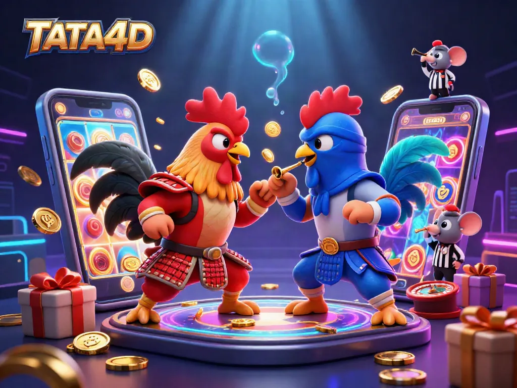 TATA4D features intense cockfighting action with 3D cartoon roosters, gaming elements, and vibrant graphics.