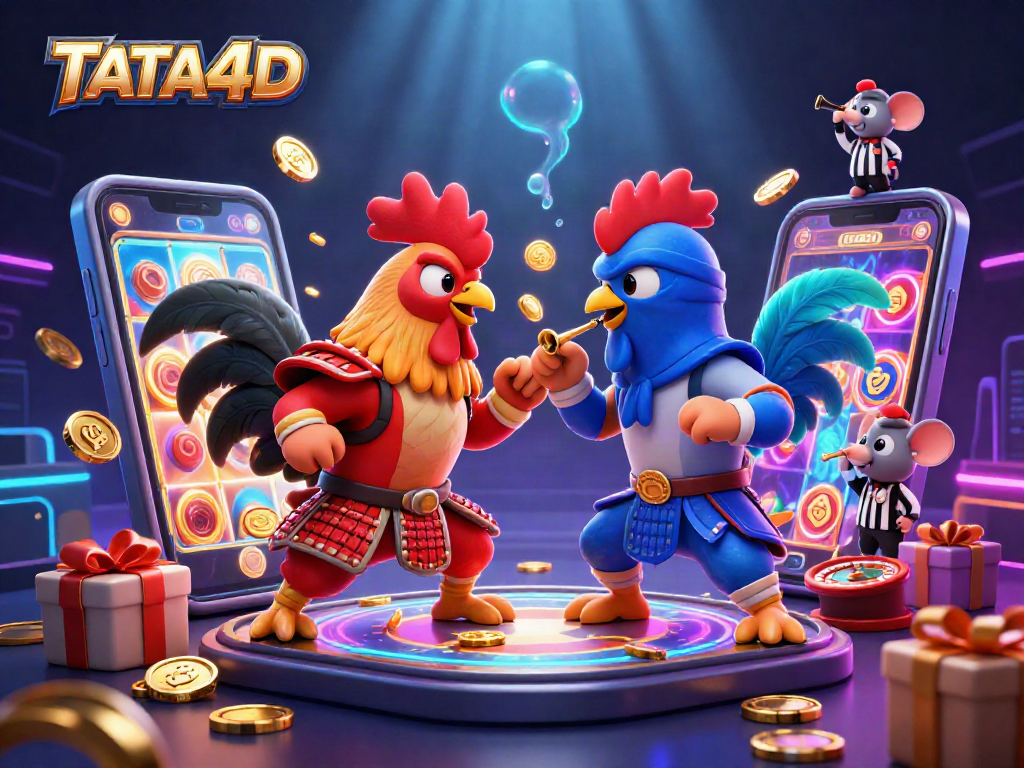 TATA4D features intense cockfighting action with 3D cartoon roosters, gaming elements, and vibrant graphics.