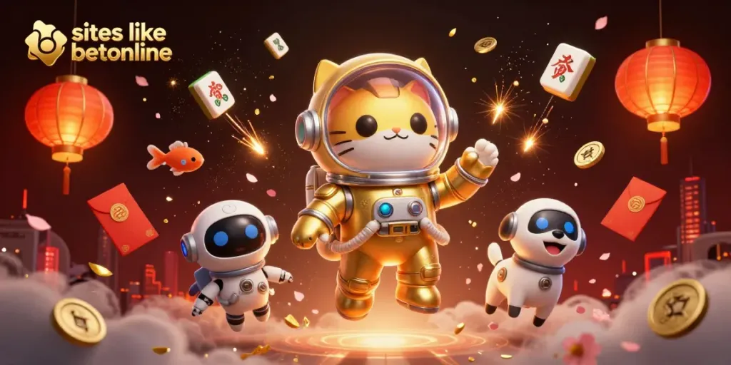 Experience gaming with sites like BetOnline, featuring vibrant casino characters and elements.