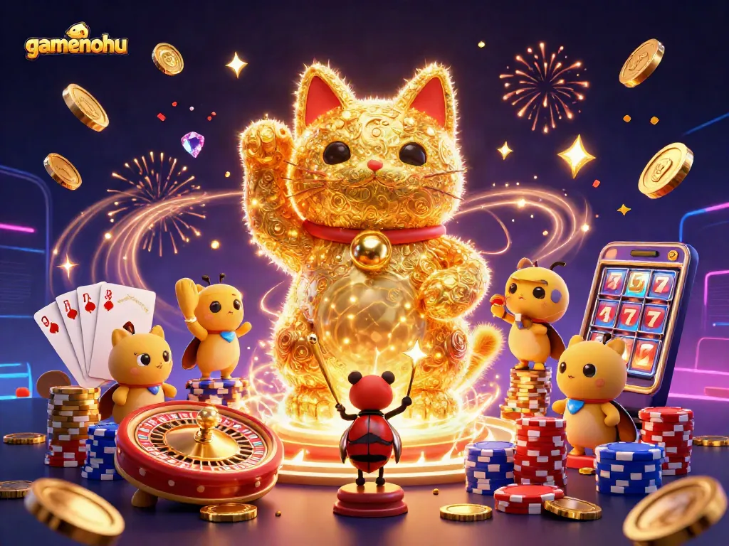 Experience gamenohu's vibrant casino world with a lucky cat, dazzling coins, and spinning roulette.