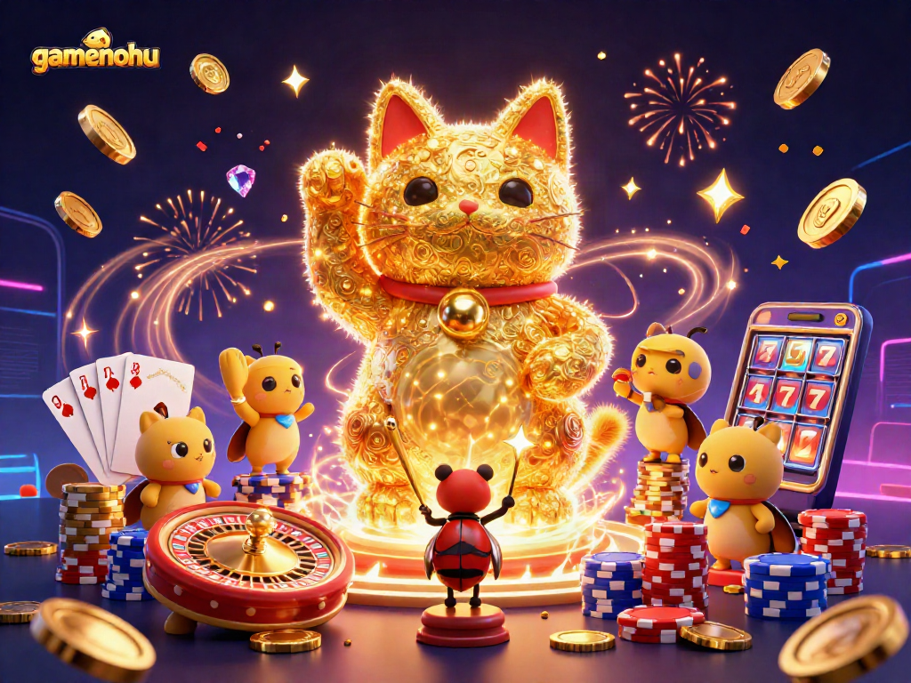 Experience gamenohu's vibrant casino world with a lucky cat, dazzling coins, and spinning roulette.
