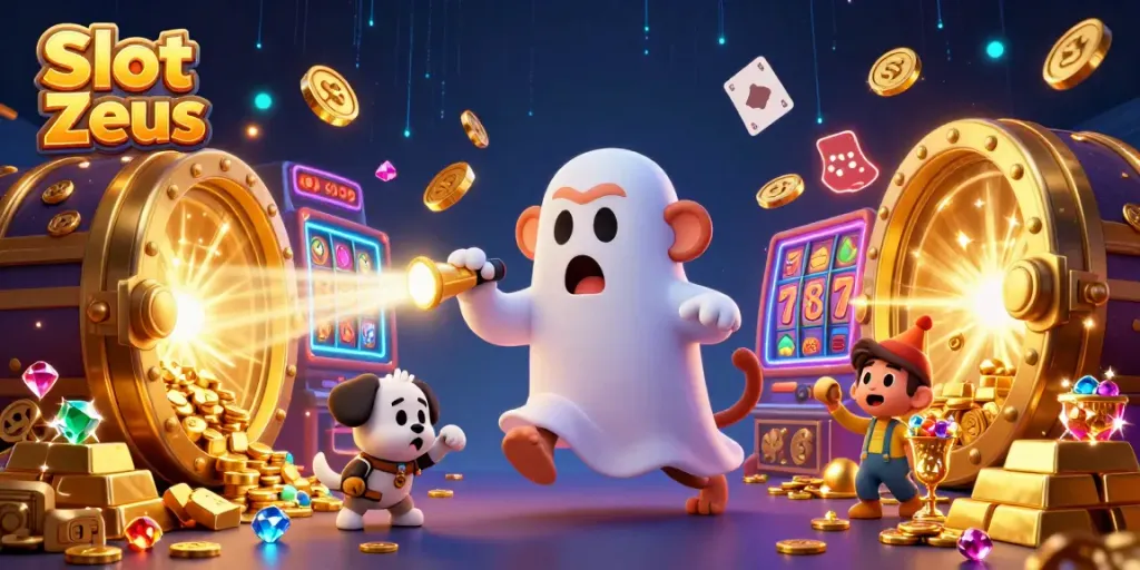 Gambar slot Zeus yang menunjukkan monyet poltergeist dan anjing pemburu hantu di kasino.