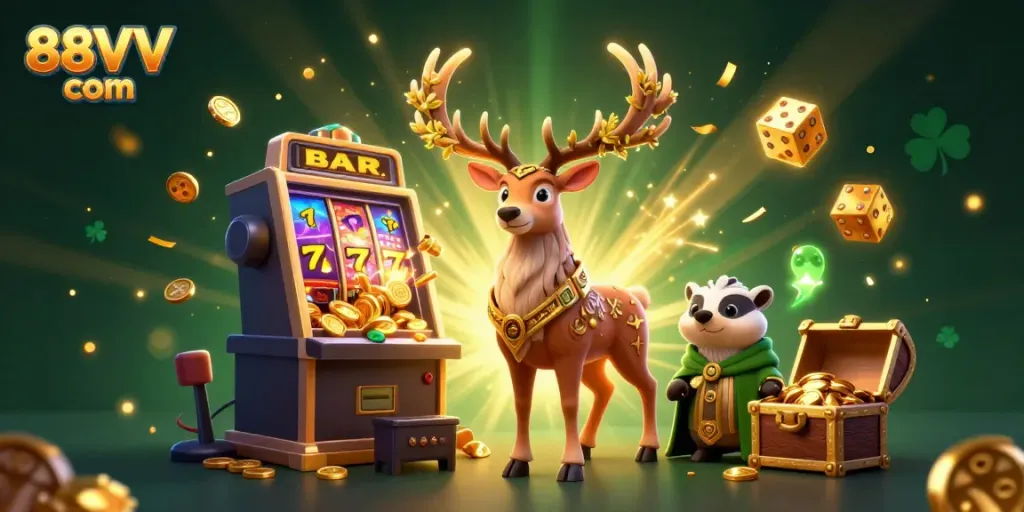 Engage in thrilling gameplay with 88VV com's dynamic casino scene, featuring radiant characters and exciting jackpots.