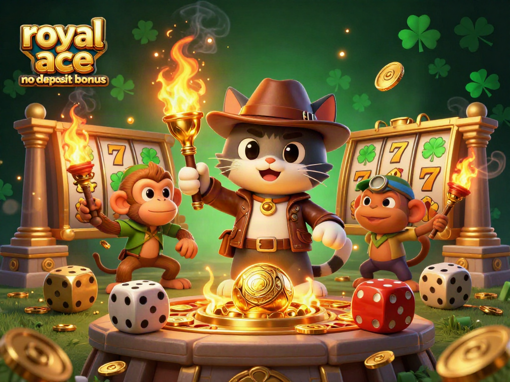 Engage with royal ace casino no deposit bonus through a dynamic illustration of an explorer cat in a golden temple.