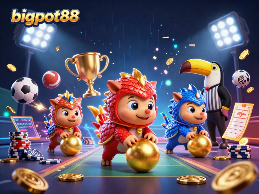 Raih kemenangan dengan bigpot88 dalam ilustrasi kasino kartun yang dinamis.