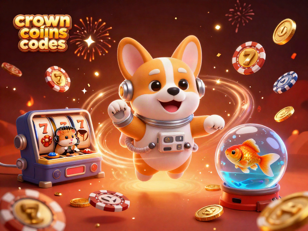 Crown coins bonus codes flash as the cartoon corgi explores a vibrant space station casino, floating amidst poker chips and coins.