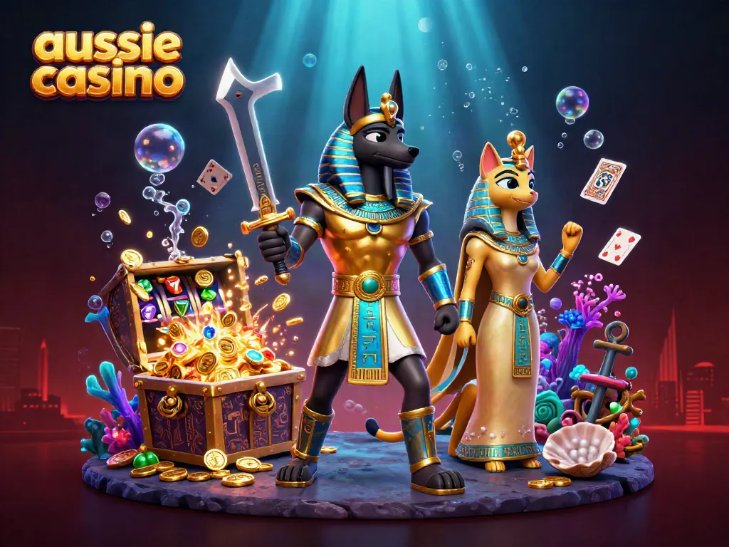 Engaging scene depicting a dynamic Aussie casino atmosphere with ancient Egyptian characters and vibrant gaming elements.
