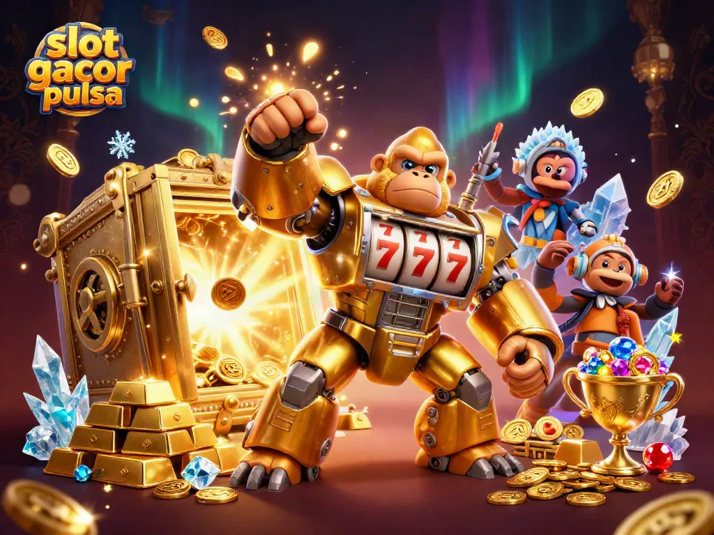 Experience the excitement of slot gacor pulsa with a dynamic 3D golden gorilla mech amid riches.