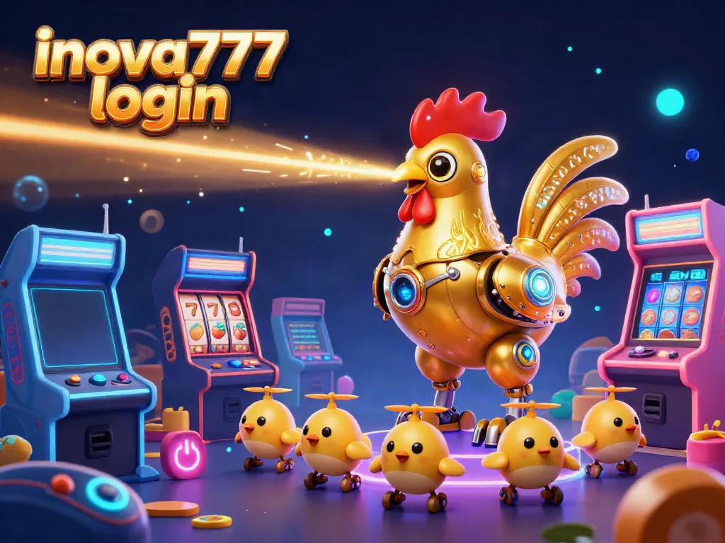 Experience inova777 login with a vibrant 3D illustration of an energetic scene filled with casino elements and exciting arcade machines.