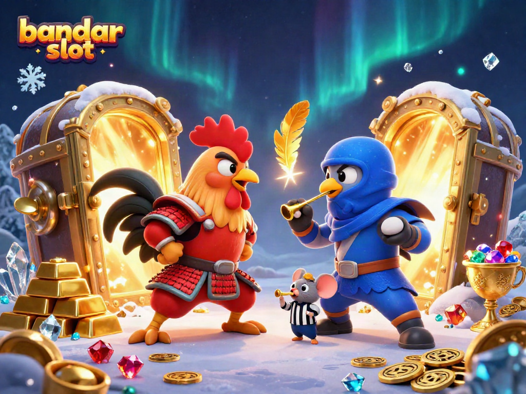 Aktivitas judi di bandar slot dengan ayam petarung dan harta karun berkilauan.