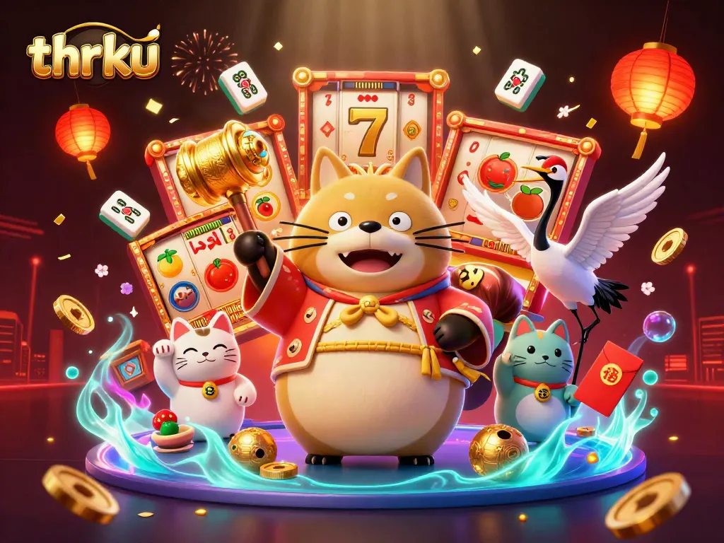 Experience exciting slot gaming with thrku's vibrant 3D illustration featuring a cheerful tanuki celebrating with lucky symbols.