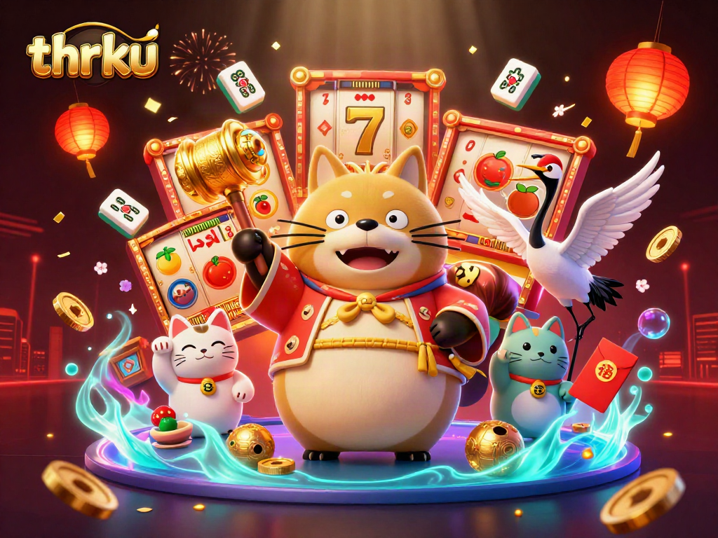 Experience exciting slot gaming with thrku's vibrant 3D illustration featuring a cheerful tanuki celebrating with lucky symbols.