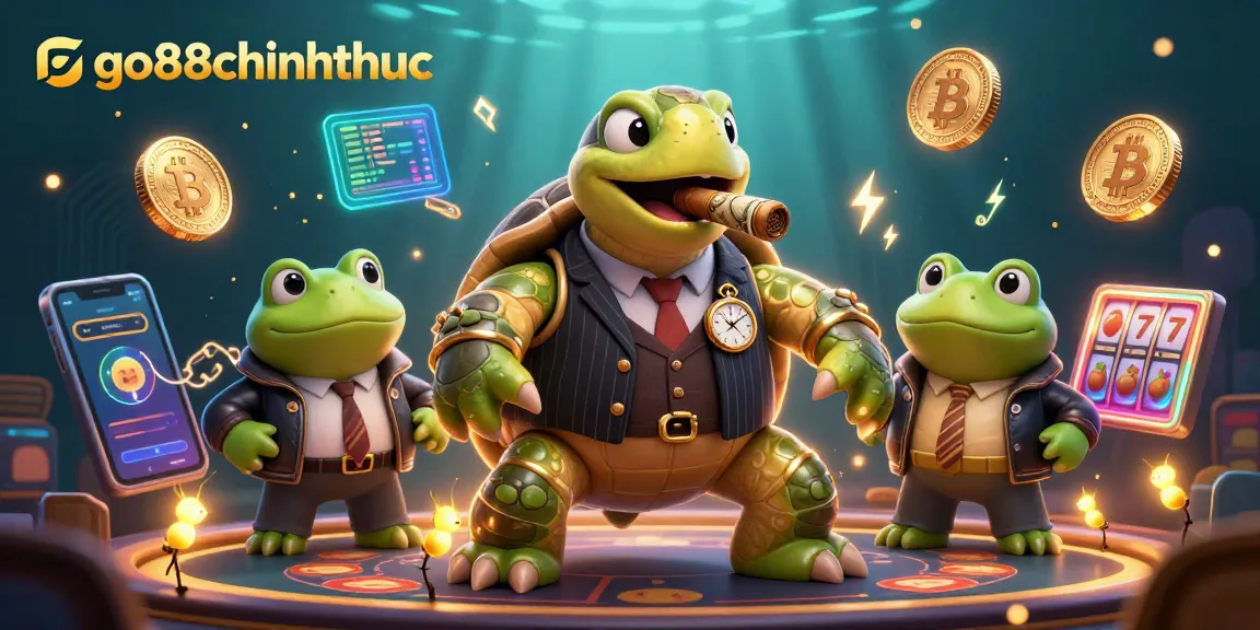 Engage with go88chinhthuc in a vibrant casino scene featuring a mobster turtle and crypto coins.