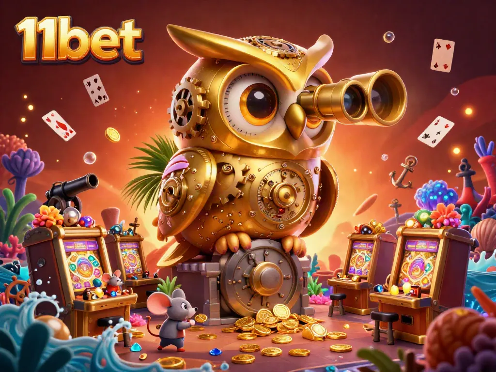 Experience thrilling gameplay at 11bet where a clockwork golden owl oversees a dynamic casino floor filled with slot machines and treasures.