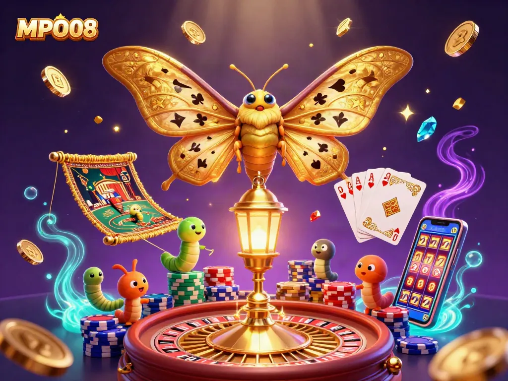 MPO08 showcases a stunning 3D scene with a golden moth and sparkling casino elements.