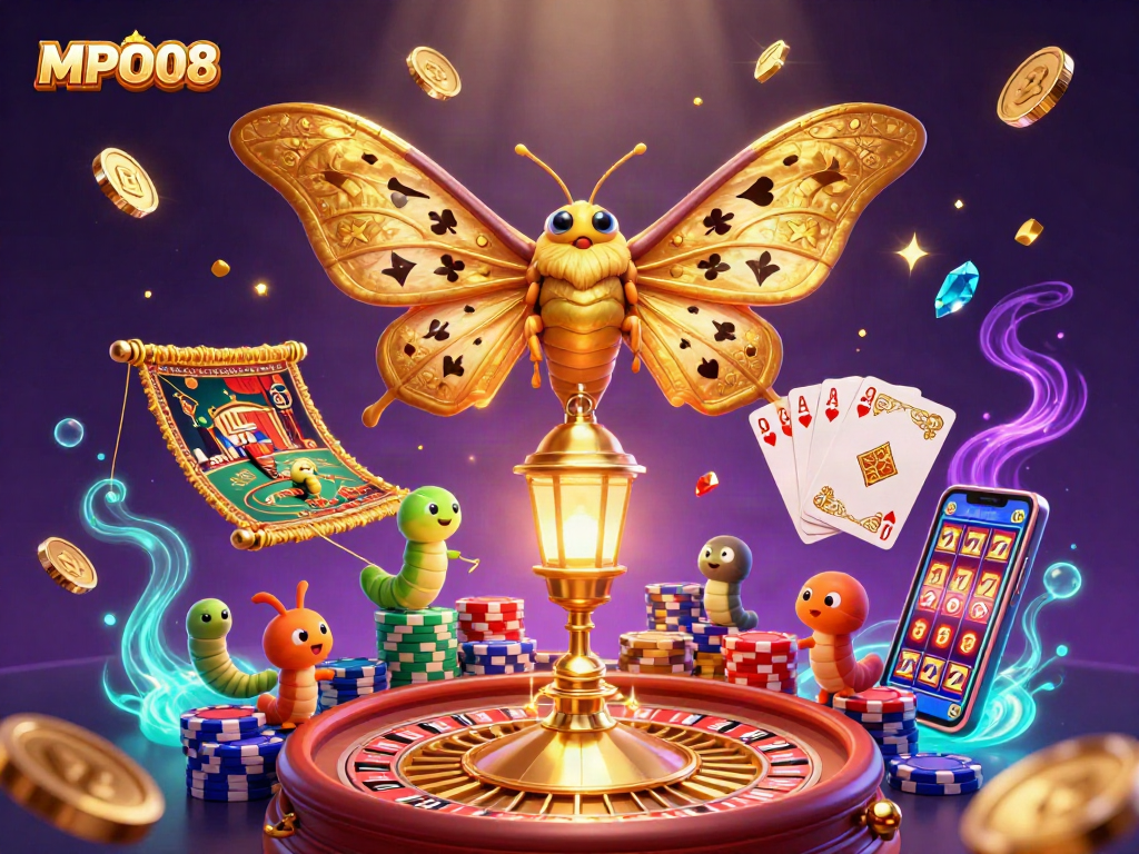 MPO08 showcases a stunning 3D scene with a golden moth and sparkling casino elements.
