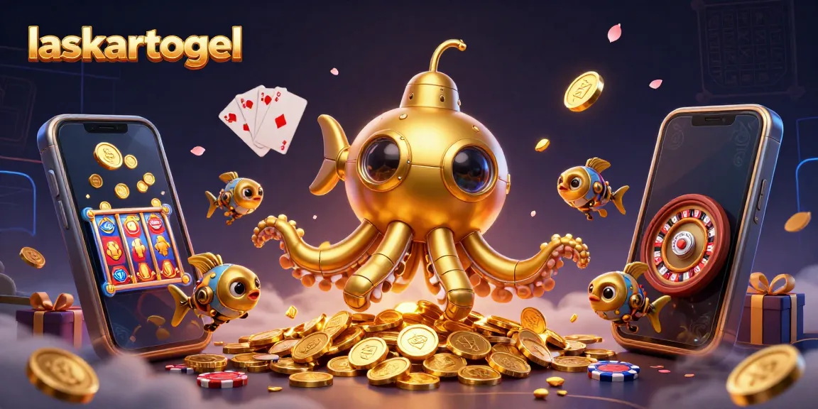 Experience gaming excitement with laskartogel in a vibrant 3D casino illustration, featuring golden kraken and slot games.